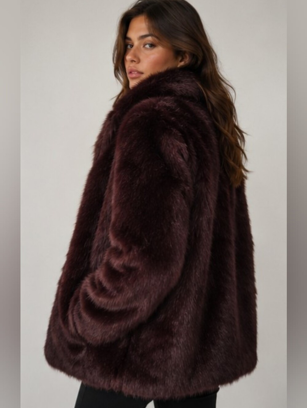 Burgundy Faux Fur Coat Plush Glam Old Money Mob Wife Statement Jacket Luxe - Picture 3 of 9